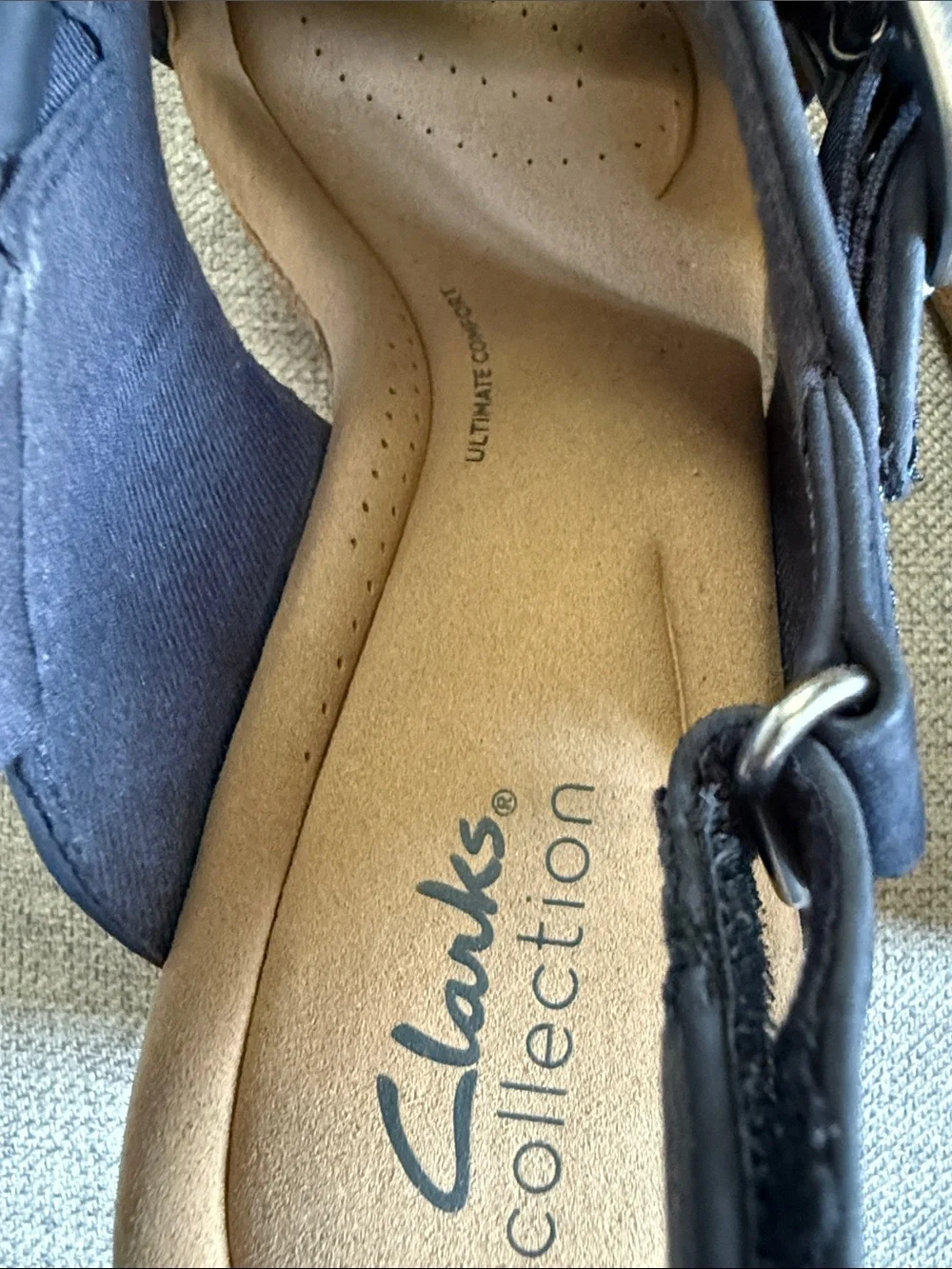 Clarks Women’s Navy Cork Cross‑Strap Wedge Sandals with Buckle